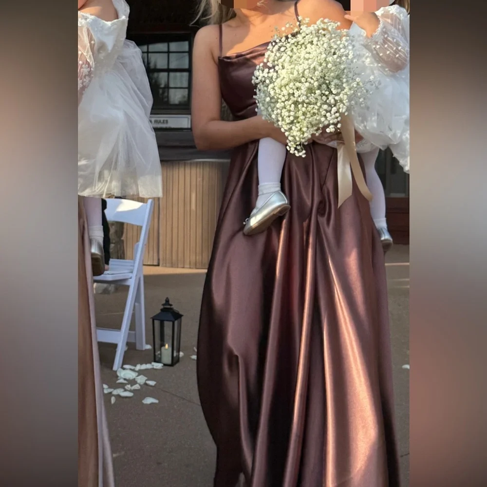 Azazie Elle Metallic Satin Dress in Espresso - Picture 6 of 9